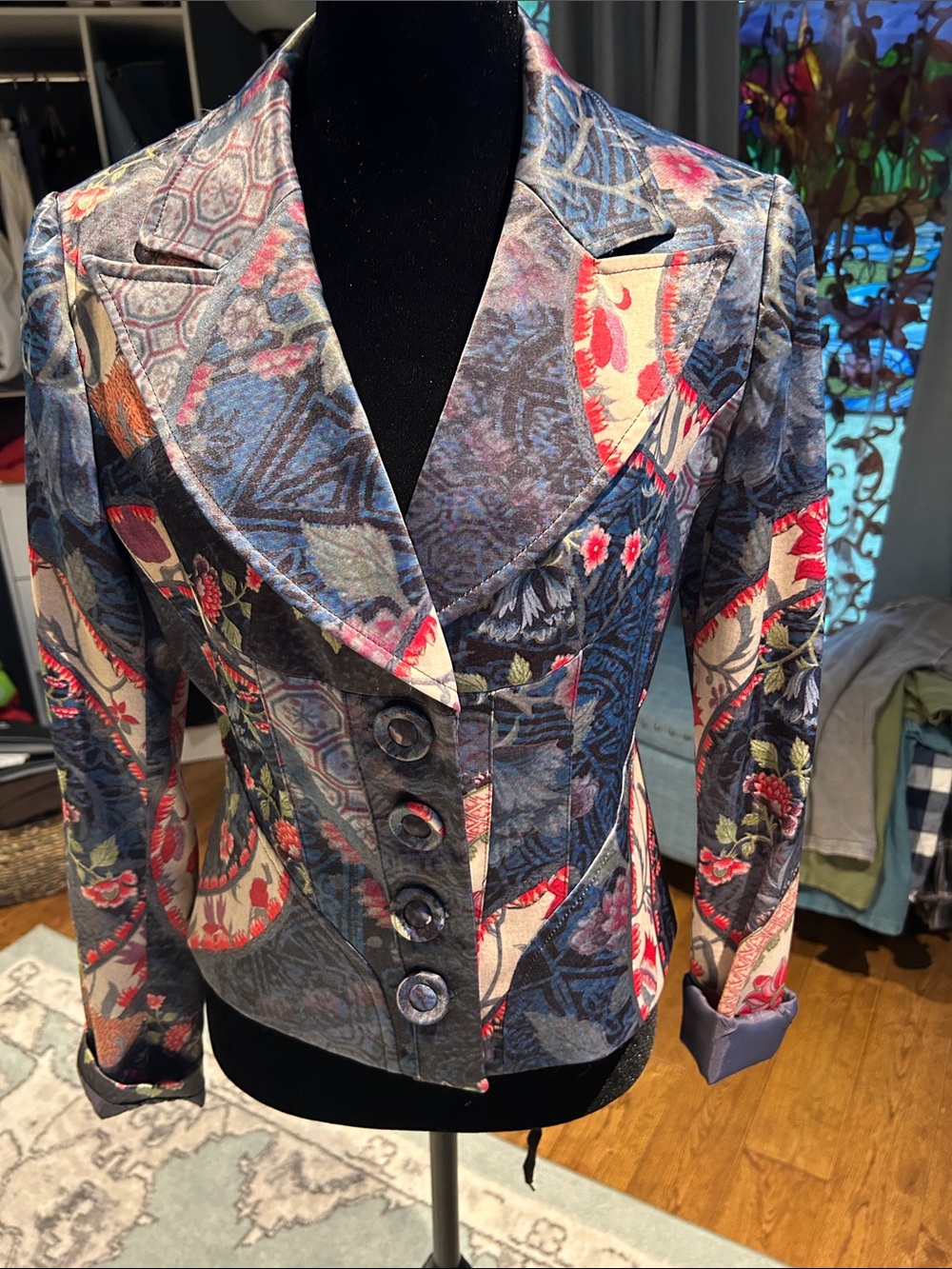 Women's Patchwork Floral Tailored Blazer in Blue and Red